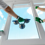 Holding glass with a vacuum lifter. Two guys installing a window in a new building. Construction site, industrial job.